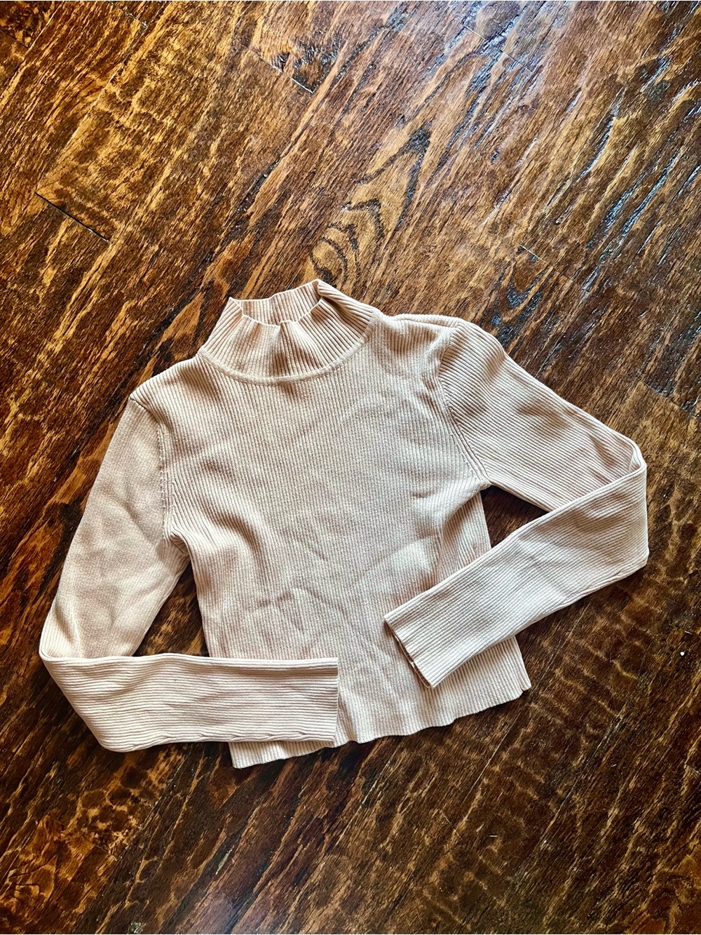 H&M Divided Beige Light Brown Ribbed Mock Neck Women’s S Long Sleeve Cropped Top
